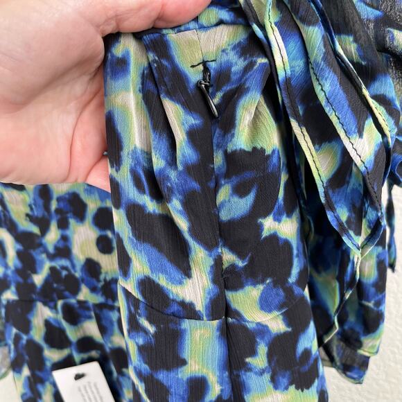 Topshop Frill Bardot Tie Off Shoulder Blue Leopard Animal Mini Dress 14 NWT - Picture 10 of 13